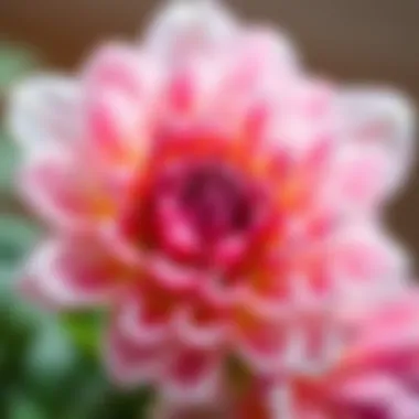 A close-up view of a blooming flower showcasing its intricate petals and vibrant colors.