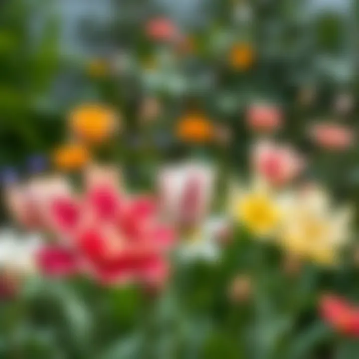 A serene garden setting with various blooming flowers exhibiting their natural opening and closing mechanisms.