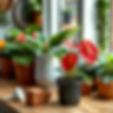 A beautifully arranged workspace with potting materials for Anthurium care