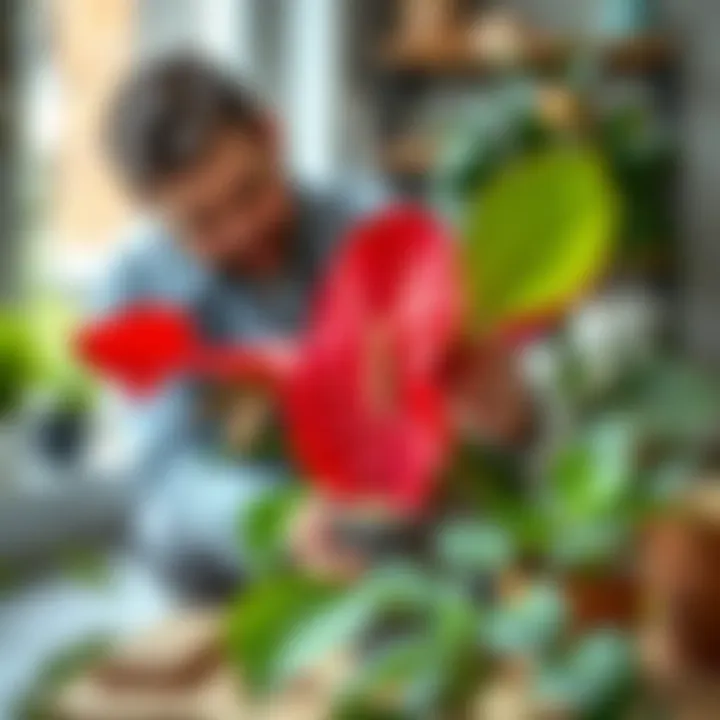 An expert demonstrating the proper way to repot an Anthurium plant