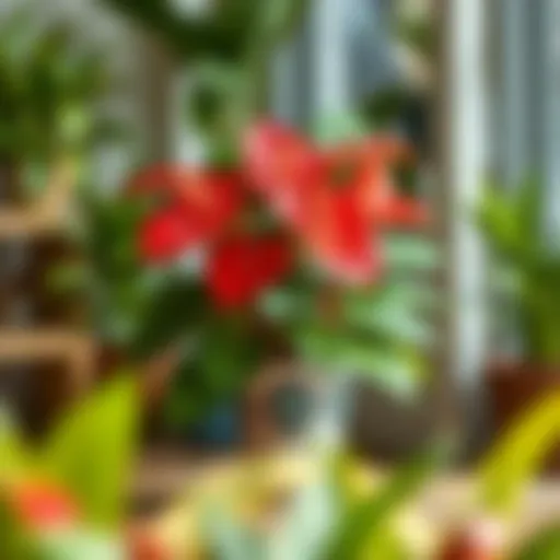 A vibrant Anthurium plant in a decorative pot showcasing its stunning foliage