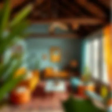 Creative attic lounge area adorned with unique furniture and vibrant colors.