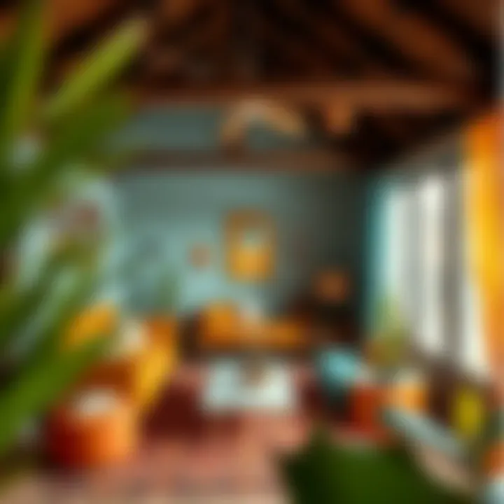 Creative attic lounge area adorned with unique furniture and vibrant colors.