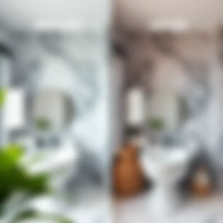 Before and after comparison of marble painting in a bathroom