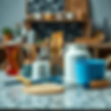 Tools and materials for marble painting displayed on a table