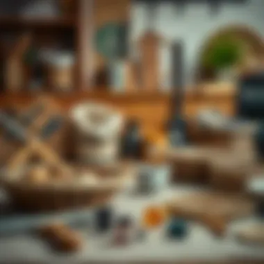 A creative workspace showcasing tools and materials for basketry.