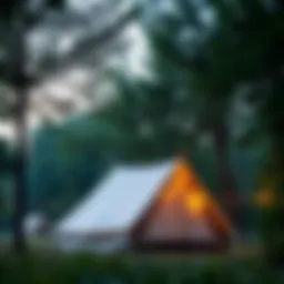 A serene tent camp surrounded by lush green trees.