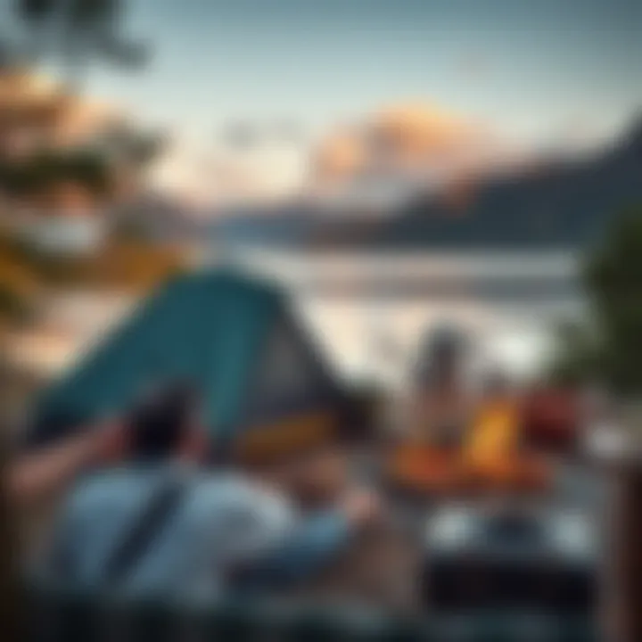 A picturesque view of a camping setup with a lake in the background.