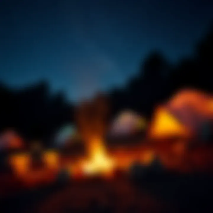 An evening scene of a campfire with tents illuminated under the stars.