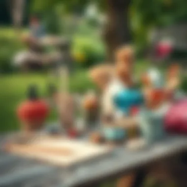 A collection of outdoor crafts materials arranged on a picnic table.