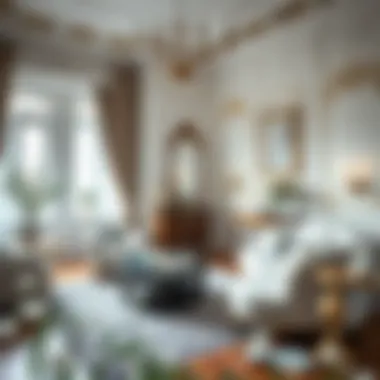 An elegantly styled room featuring white antiqued decorations, embodying creativity and sophistication.