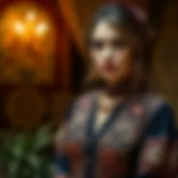 Elegant outfit worn by a leading character, showcasing intricate design and fabric.