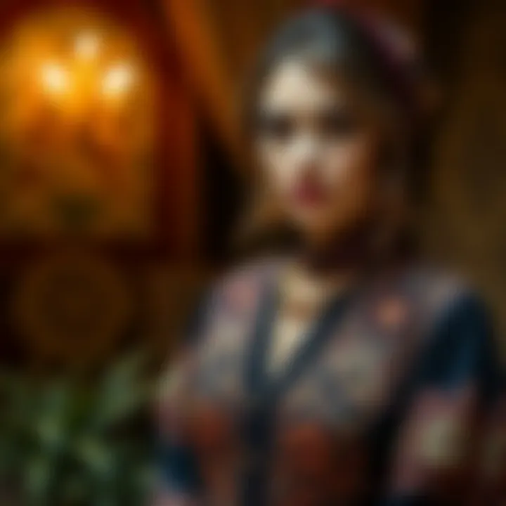 Elegant outfit worn by a leading character, showcasing intricate design and fabric.