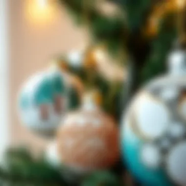 A close-up of unique, creative tree ornaments showcasing artistry