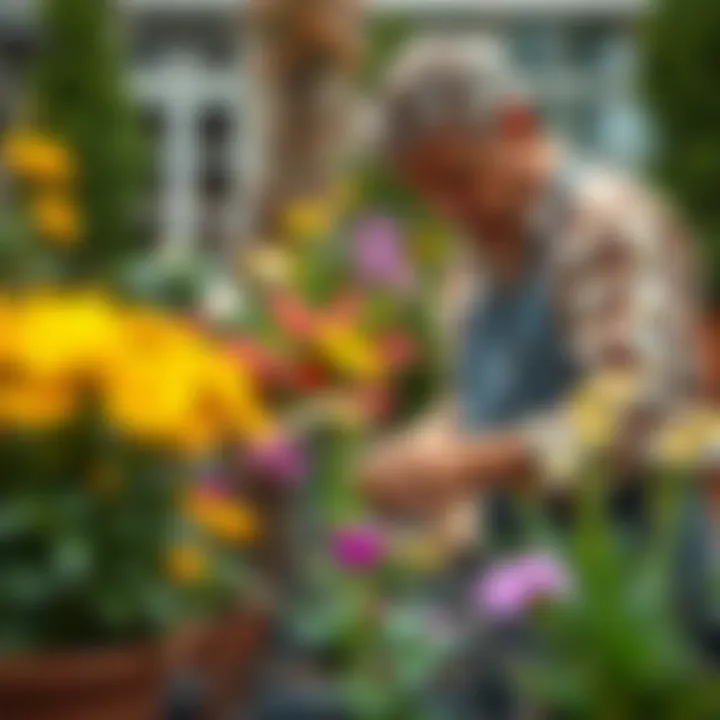 Gardener tending to potted flowers with care