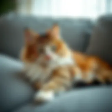 A cat shedding fur on a cozy sofa