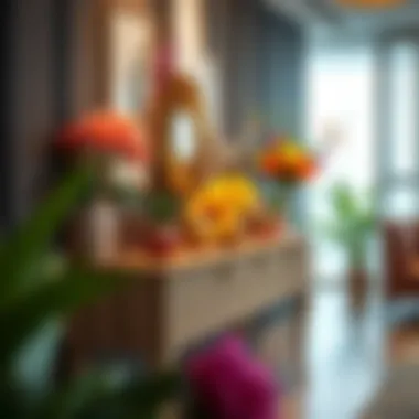 Standing console table adorned with vibrant decor elements