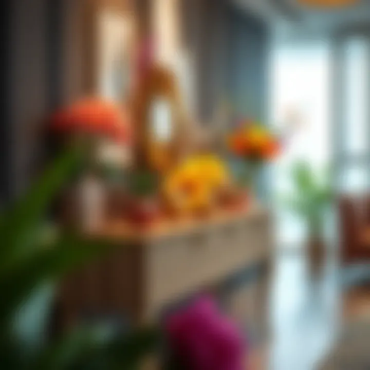 Standing console table adorned with vibrant decor elements