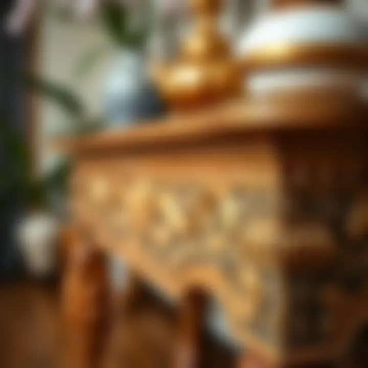 Close-up view of decorative details on a standing console table