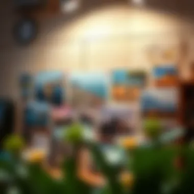 An eye-catching display of travel photographs arranged in a creative collage on a rustic wall, evoking memories and inspiration.