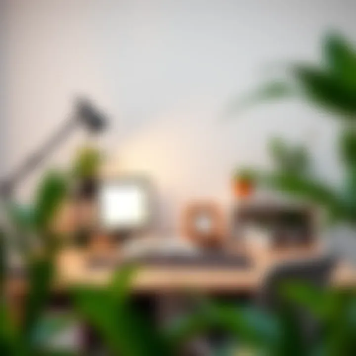 Ergonomically arranged desk with plants and lighting