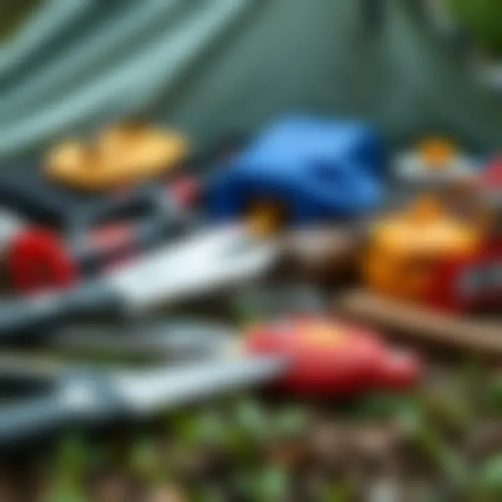 Close-up of essential camping tools laid out