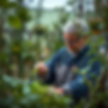A gardener inspecting plants for pest-related damage