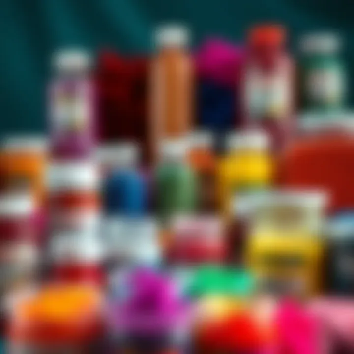 Vibrant array of fiber dyes in various containers