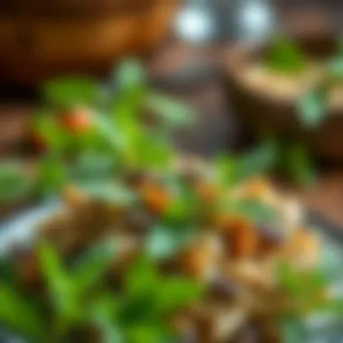 A vibrant dish garnished with dried mint leaves