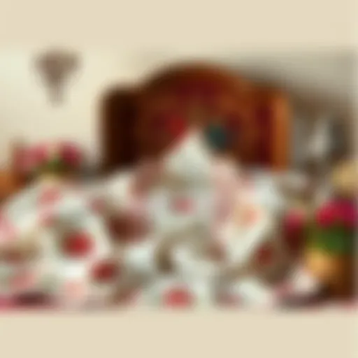 A beautifully arranged traditional bridal trousseau showcasing embroidered linens and rich fabrics.