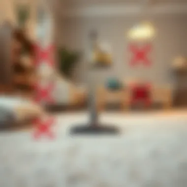 Common mistakes in carpet cleaning illustrated with crossed-out symbols.