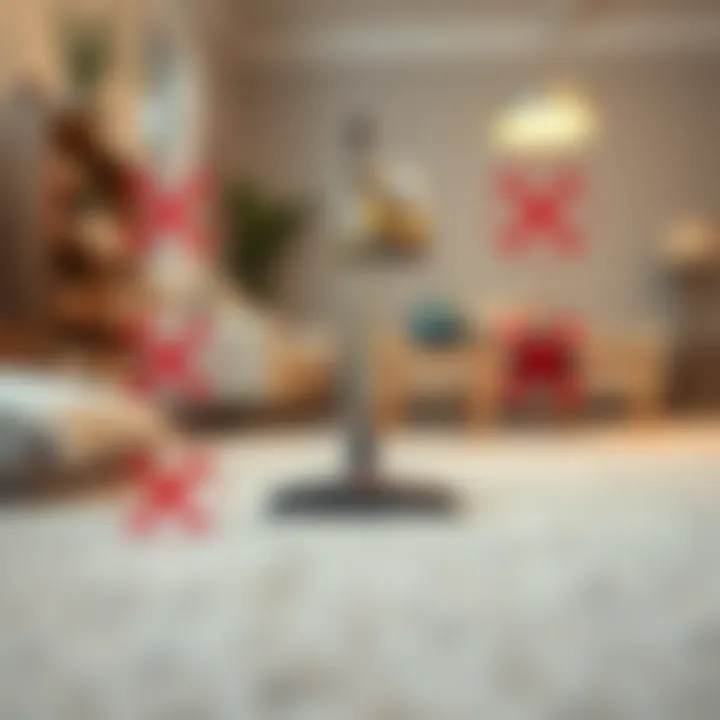 Common mistakes in carpet cleaning illustrated with crossed-out symbols.