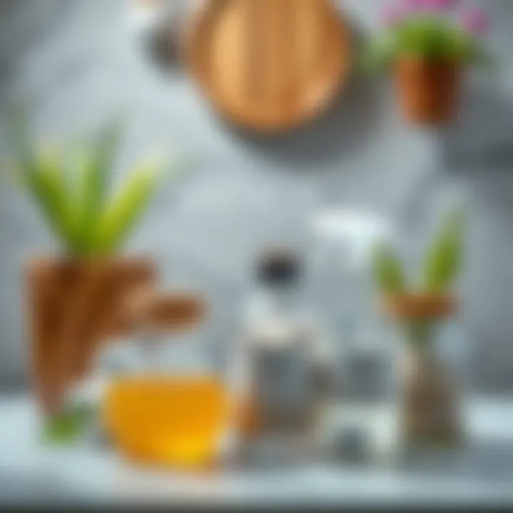 Natural cleaning solutions displayed in eco-friendly containers.