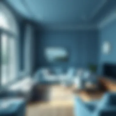 A serene living room painted in calming blue hues