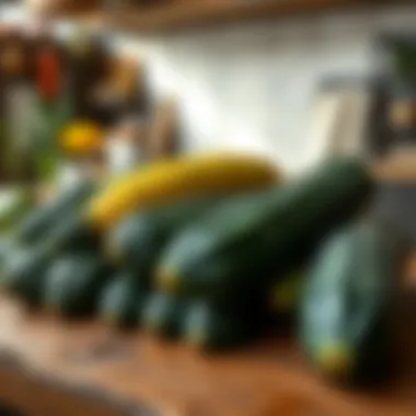 Harvested zucchini displayed on a rustic wooden table