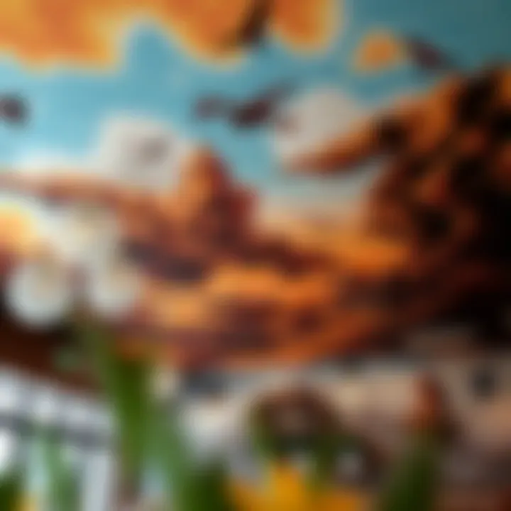 Artistic mural ceiling in a trendy cafe