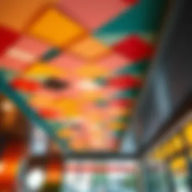 Colorful geometric patterned ceiling in a modern cafe