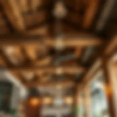 Rustic exposed beam ceiling in a cozy cafe