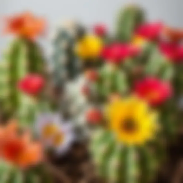 A close-up of a unique cactus species with colorful flowers