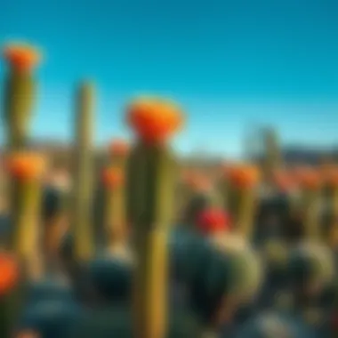 A serene desert landscape showcasing various cacti in bloom