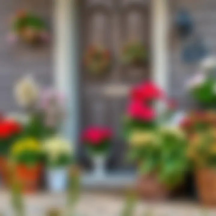Different varieties of flowering plants arranged at a doorway