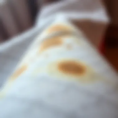 A close-up of a stained fabric cover showing discoloration.