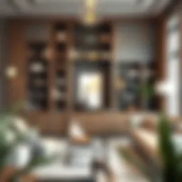 A stylish living room featuring an elegant bookshelf with decorative artifacts