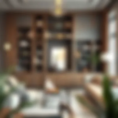 A stylish living room featuring an elegant bookshelf with decorative artifacts