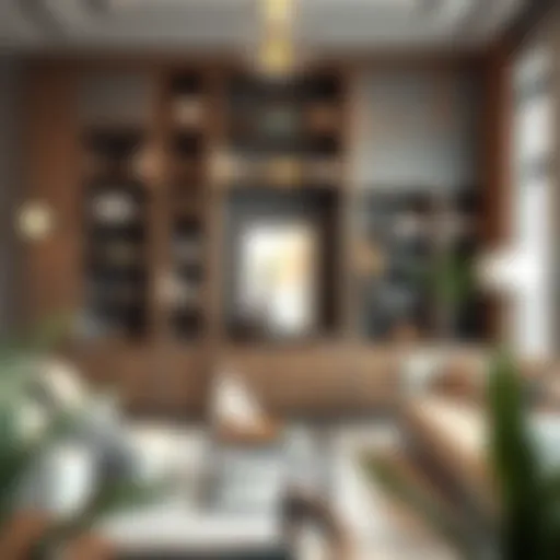 A stylish living room featuring an elegant bookshelf with decorative artifacts