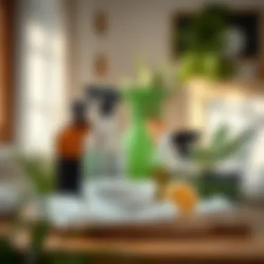 Natural cleaning products arranged on a table for cleaning purposes.