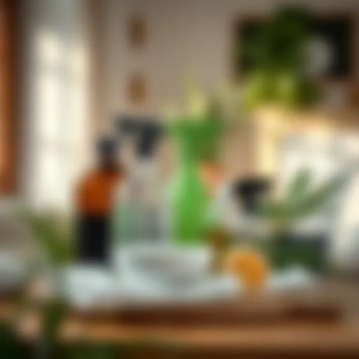 Natural cleaning products arranged on a table for cleaning purposes.