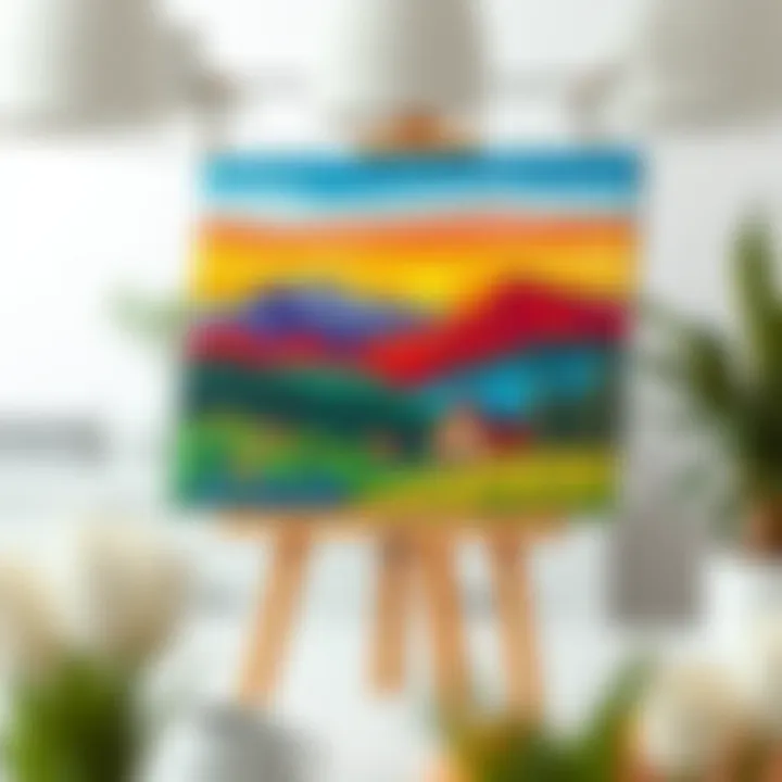 An easel displaying a colorful landscape painting