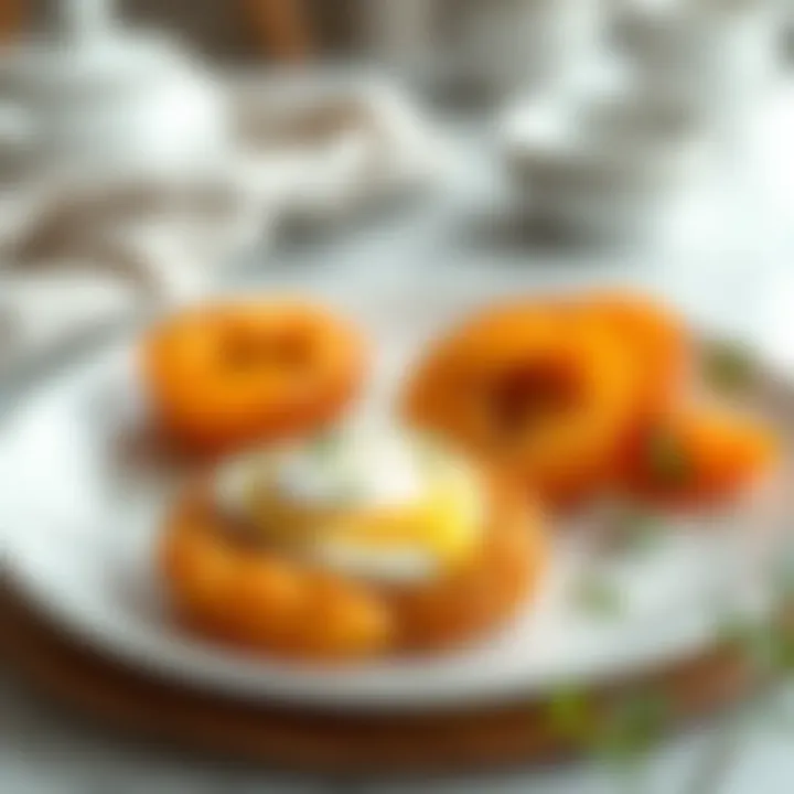 Plated dish of air-fried apricot and egg garnished elegantly