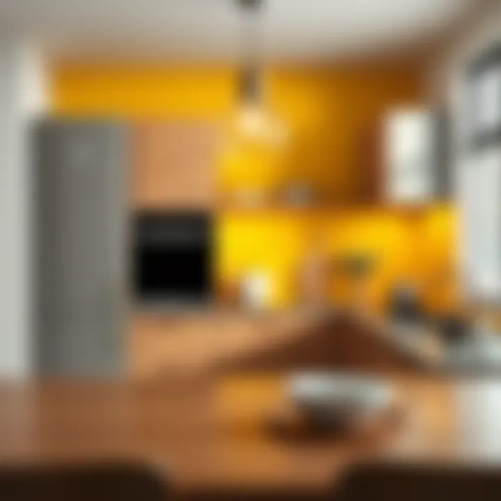 Modern kitchen showcasing a vibrant yellow accent wall